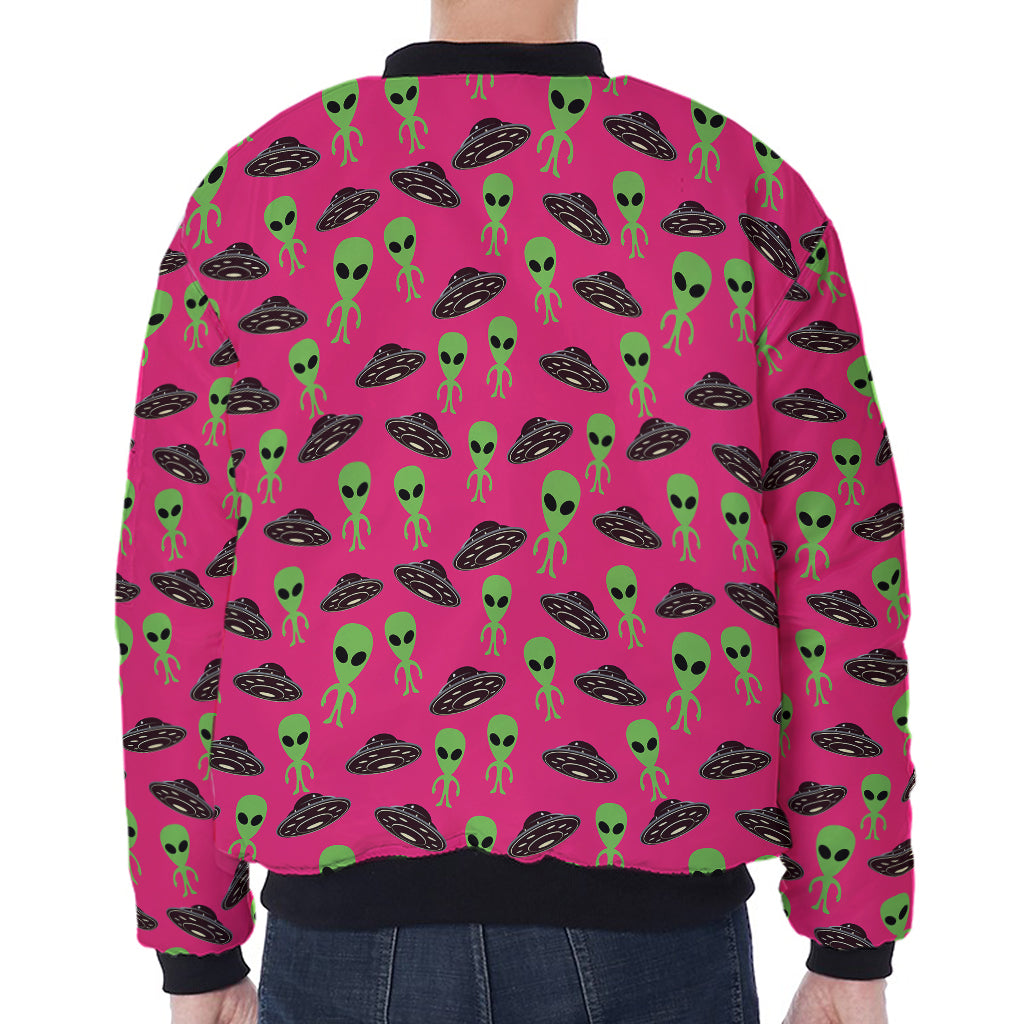 Little Green Alien UFO Print Zip Sleeve Bomber Jacket