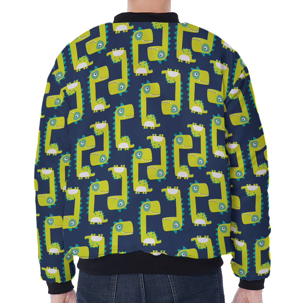 Little Green Dinosaur Pattern Print Zip Sleeve Bomber Jacket