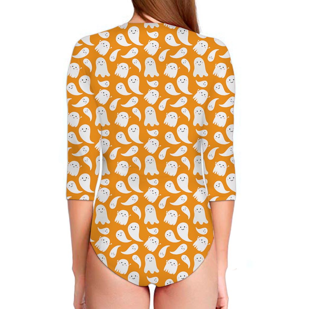 Little Halloween Ghost Pattern Print Long Sleeve Swimsuit