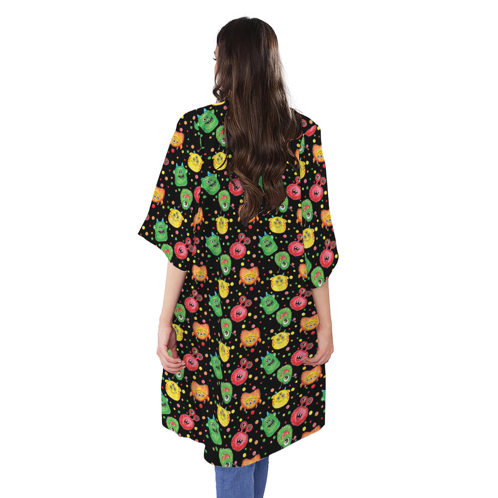 Little Monster Pattern Print Open Front Beach Cover Up