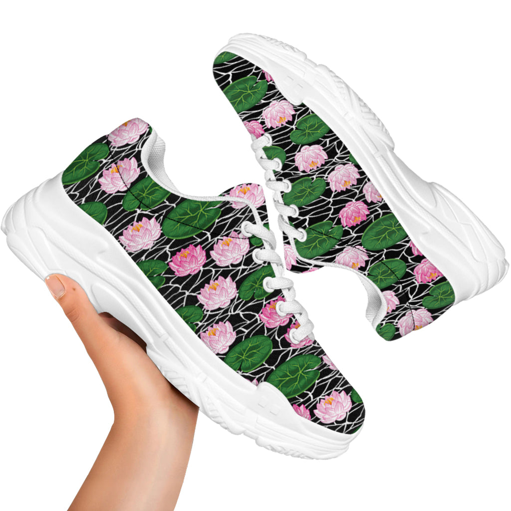 Lotus Flower And Leaf Pattern Print White Chunky Shoes