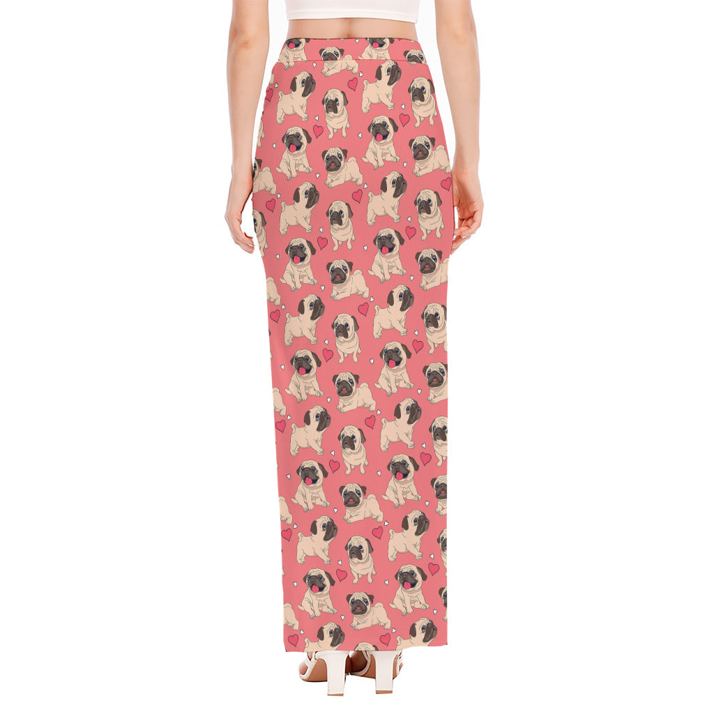 Love Pug Pattern Print High Slit Maxi Skirt