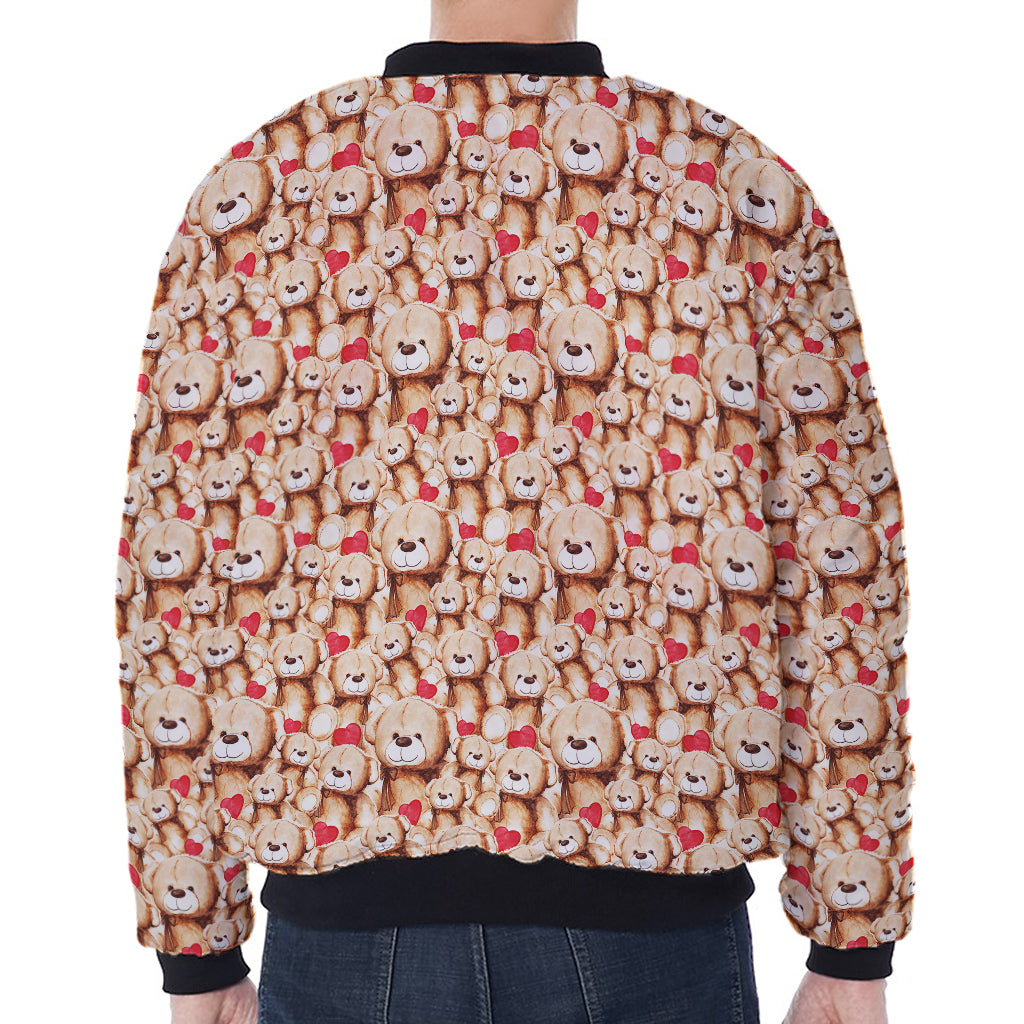 Lovely Teddy Bear Pattern Print Zip Sleeve Bomber Jacket