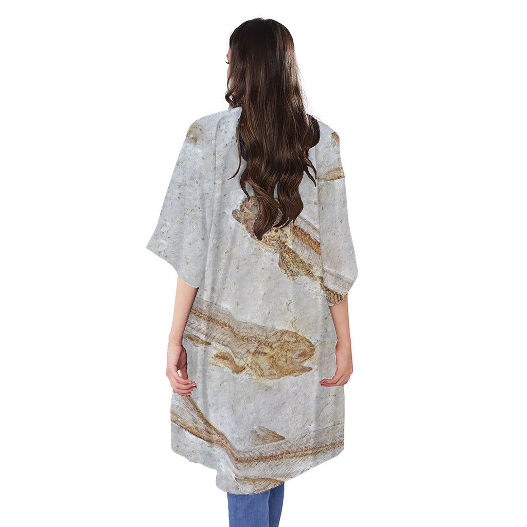 Lycoptera Fish Fossil Print Open Front Beach Cover Up