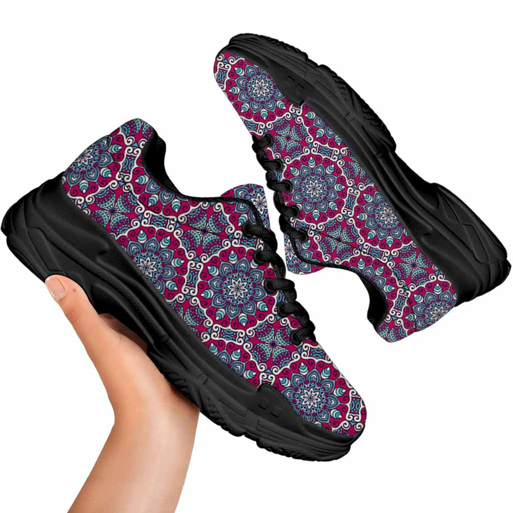 Magenta Mandala Bohemian Pattern Print Black Chunky Shoes