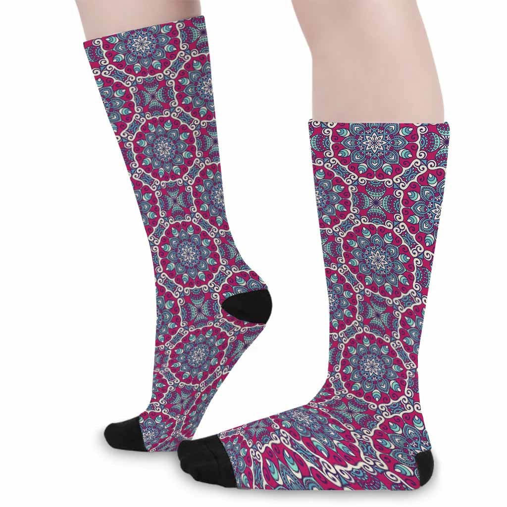 Magenta Mandala Bohemian Pattern Print Long Socks
