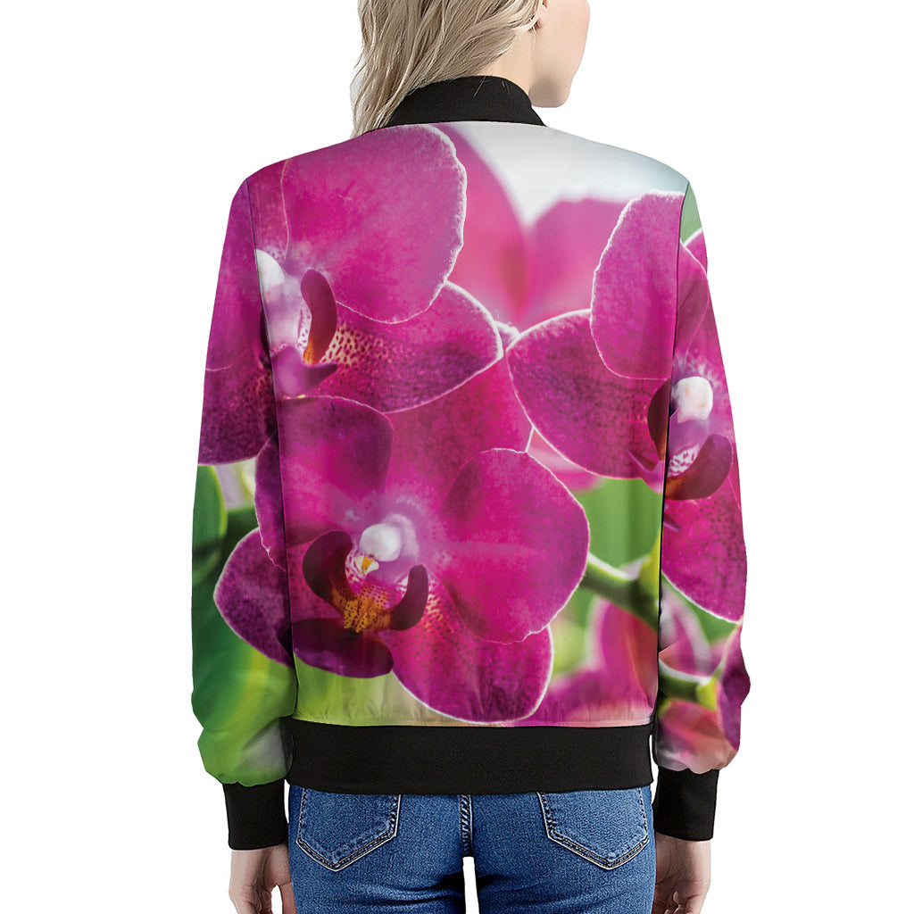 Magenta Orchid Flower Print Women's Bomber Jacket