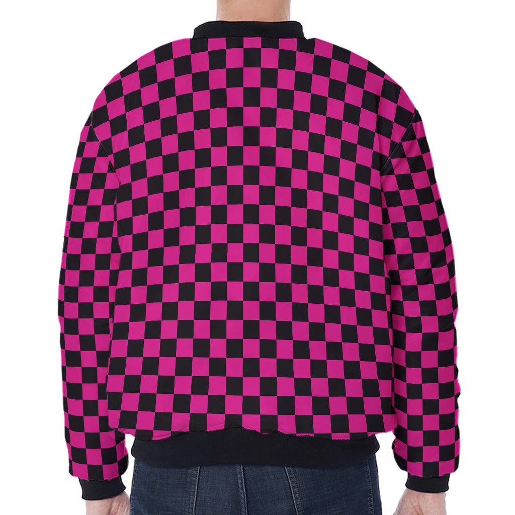 Magenta Pink And Black Checkered Print Zip Sleeve Bomber Jacket