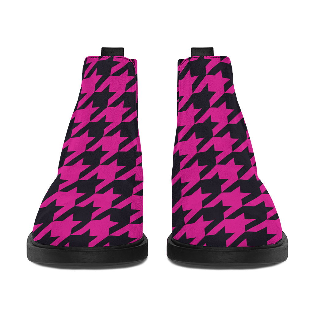 Magenta Pink And Black Houndstooth Print Flat Ankle Boots