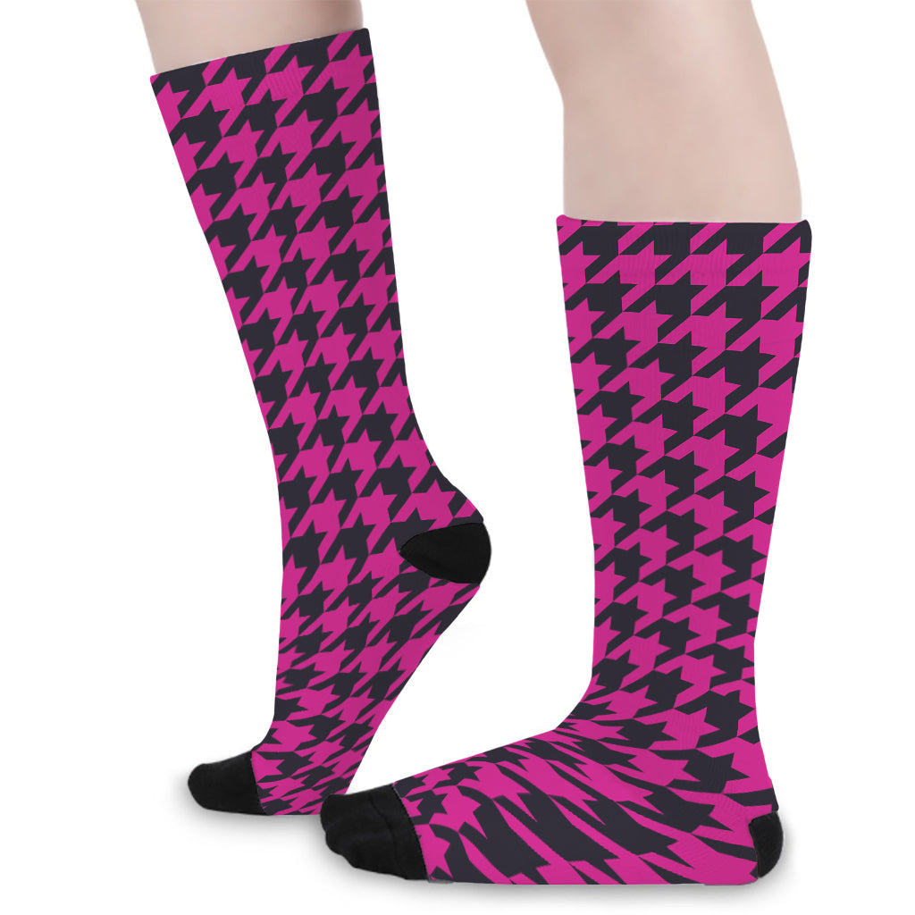 Magenta Pink And Black Houndstooth Print Long Socks