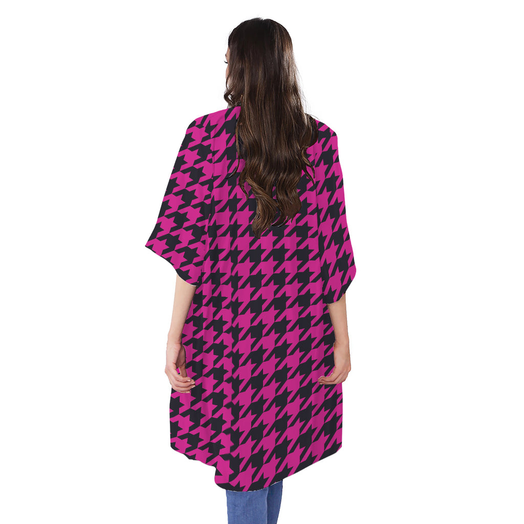 Magenta Pink And Black Houndstooth Print Open Front Beach Cover Up