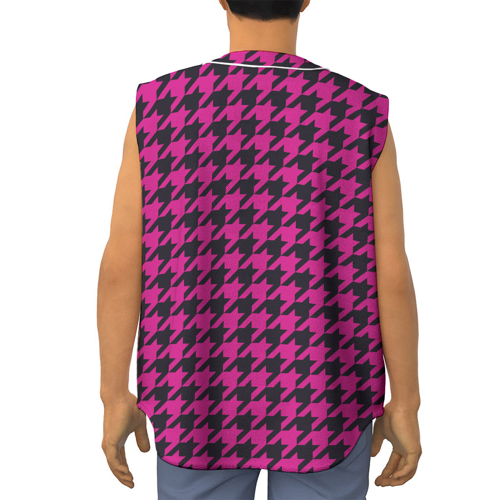 Magenta Pink And Black Houndstooth Print Sleeveless Baseball Jersey