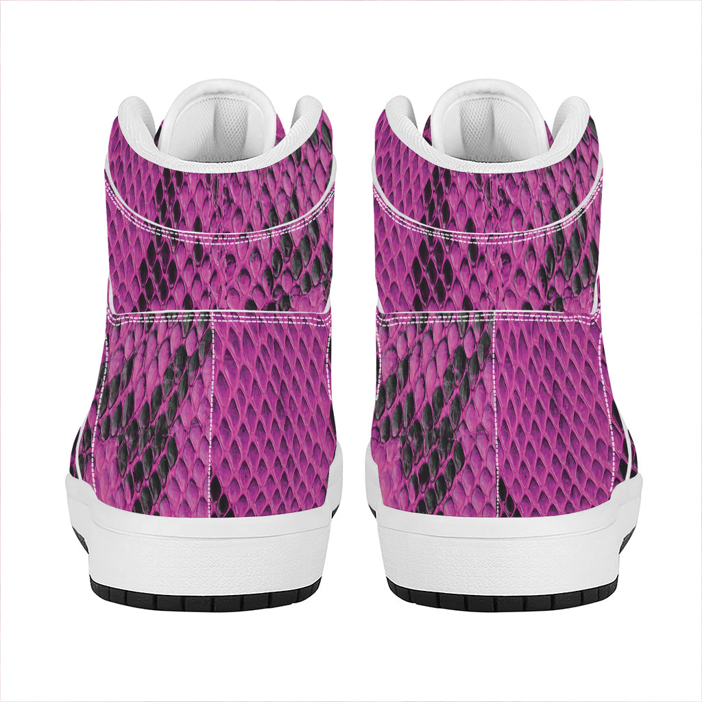 Magenta Pink And Black Snakeskin Print High Top Leather Sneakers
