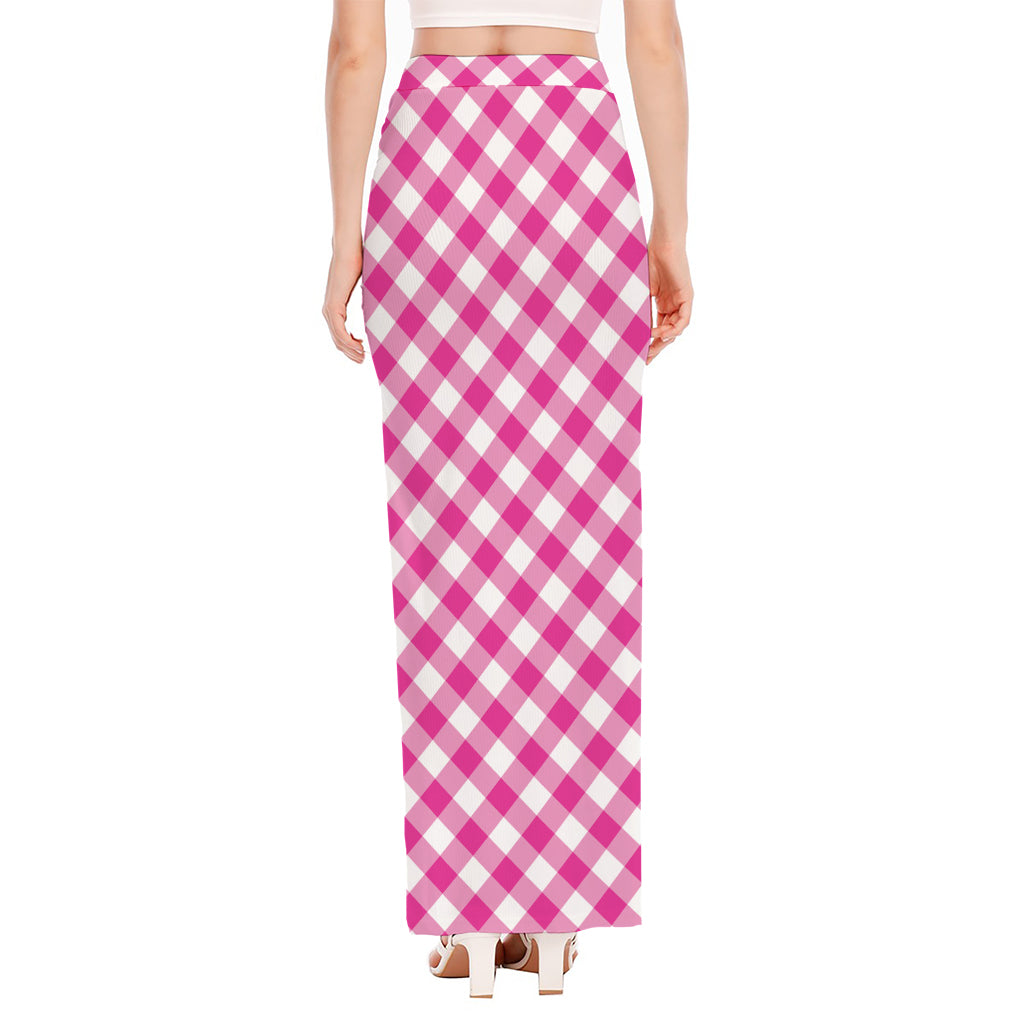 Magenta Pink And White Gingham Print High Slit Maxi Skirt