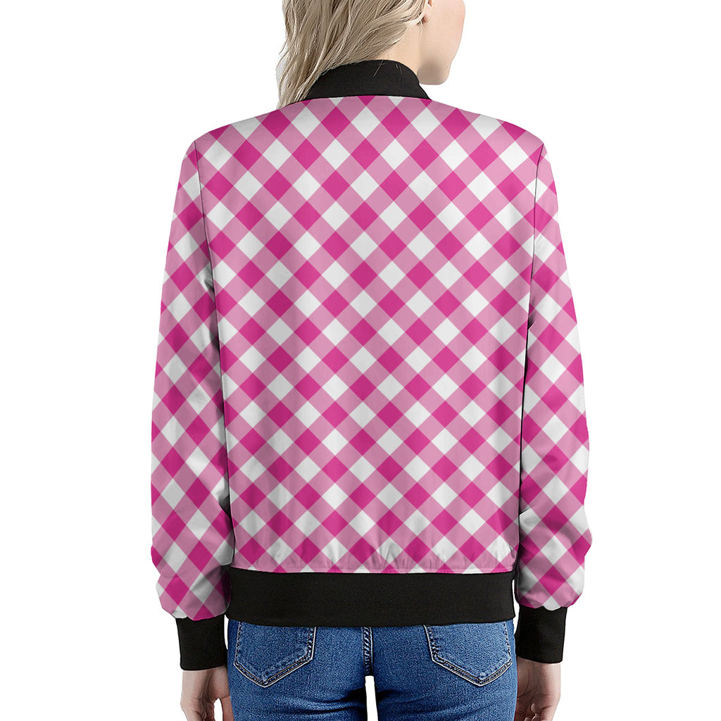 Magenta Pink And White Gingham Print Women's Bomber Jacket