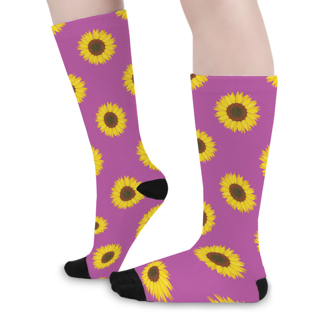 Magenta Pink Sunflower Pattern Print Long Socks