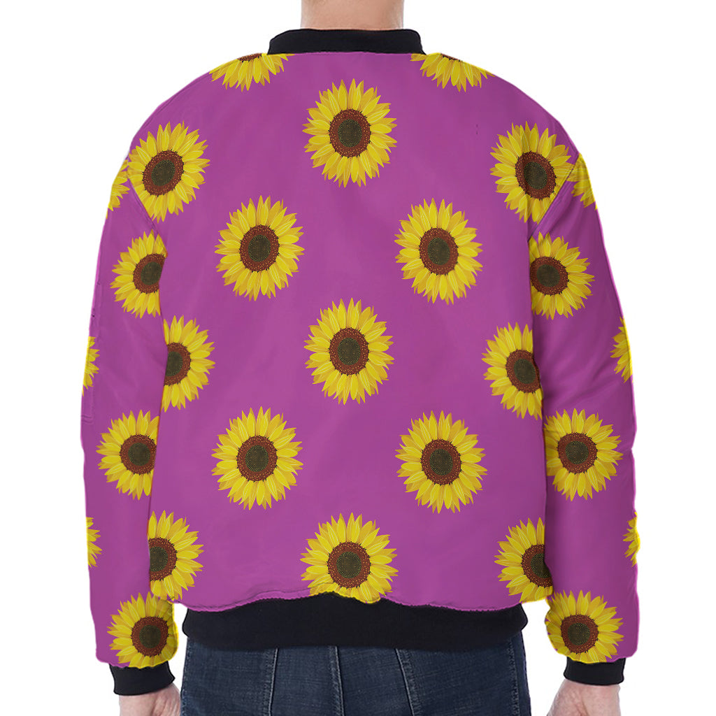 Magenta Pink Sunflower Pattern Print Zip Sleeve Bomber Jacket