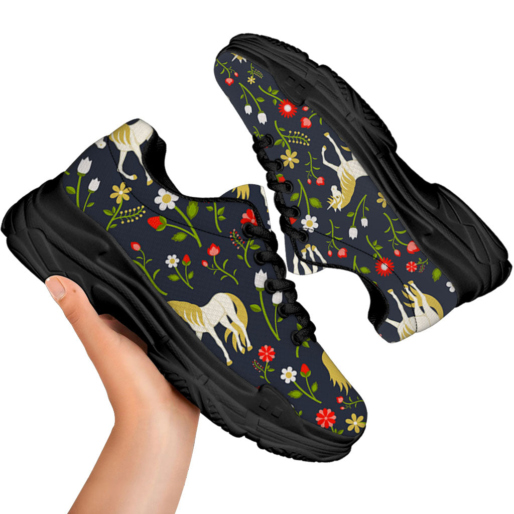 Magic Floral Unicorn Pattern Print Black Chunky Shoes