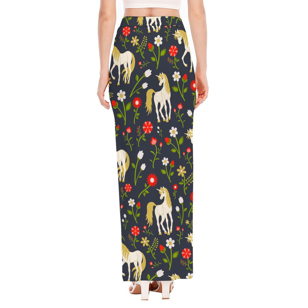Magic Floral Unicorn Pattern Print High Slit Maxi Skirt