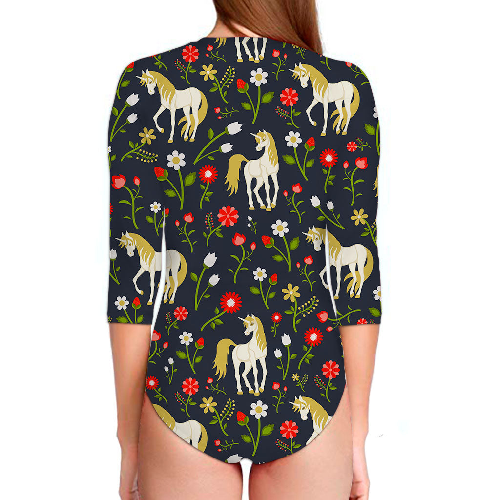 Magic Floral Unicorn Pattern Print Long Sleeve Swimsuit