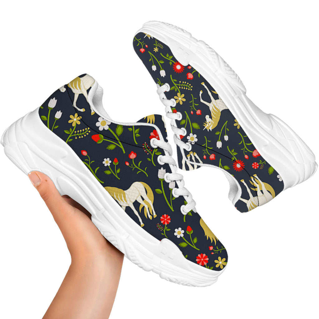 Magic Floral Unicorn Pattern Print White Chunky Shoes