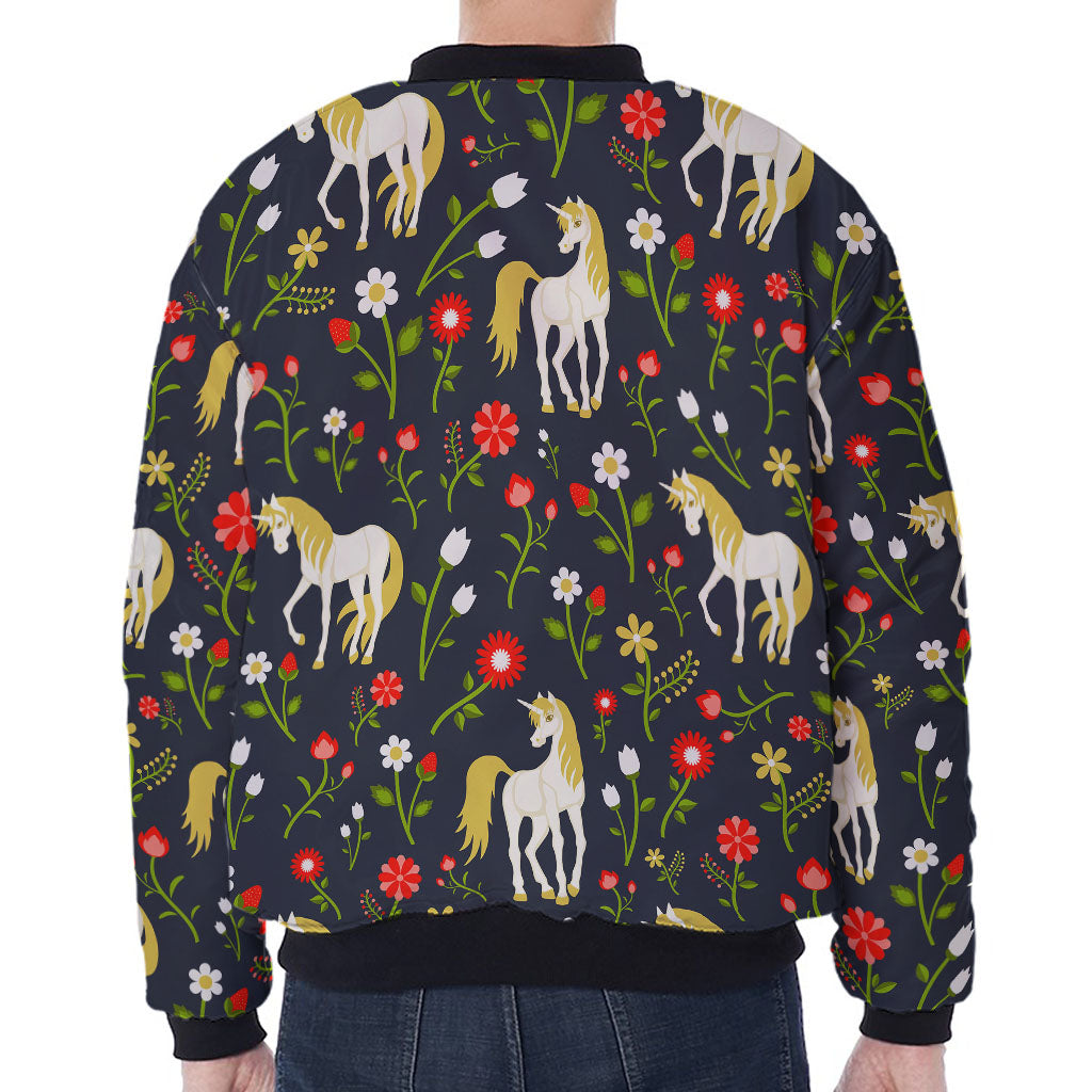 Magic Floral Unicorn Pattern Print Zip Sleeve Bomber Jacket