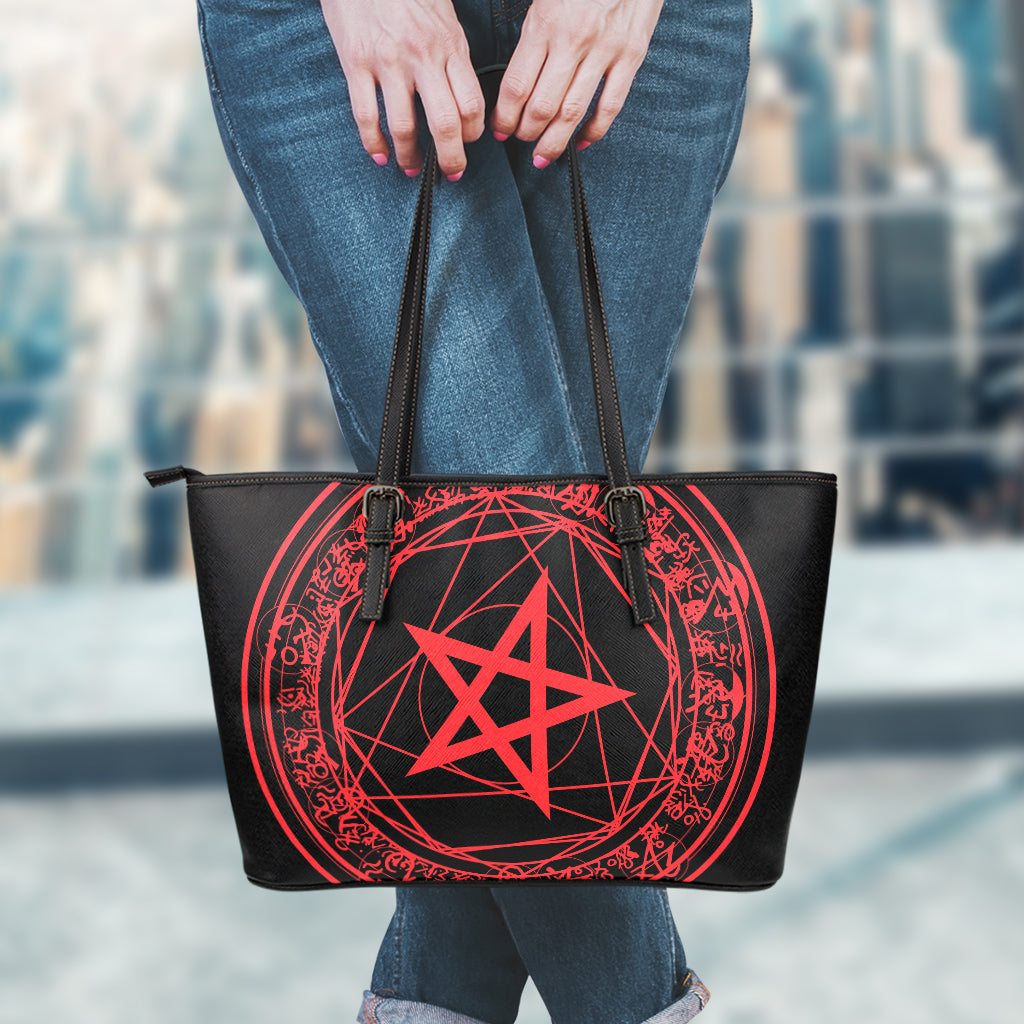 Magic Pentagram Symbol Print Leather Tote Bag