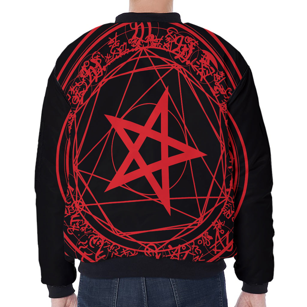Magic Pentagram Symbol Print Zip Sleeve Bomber Jacket