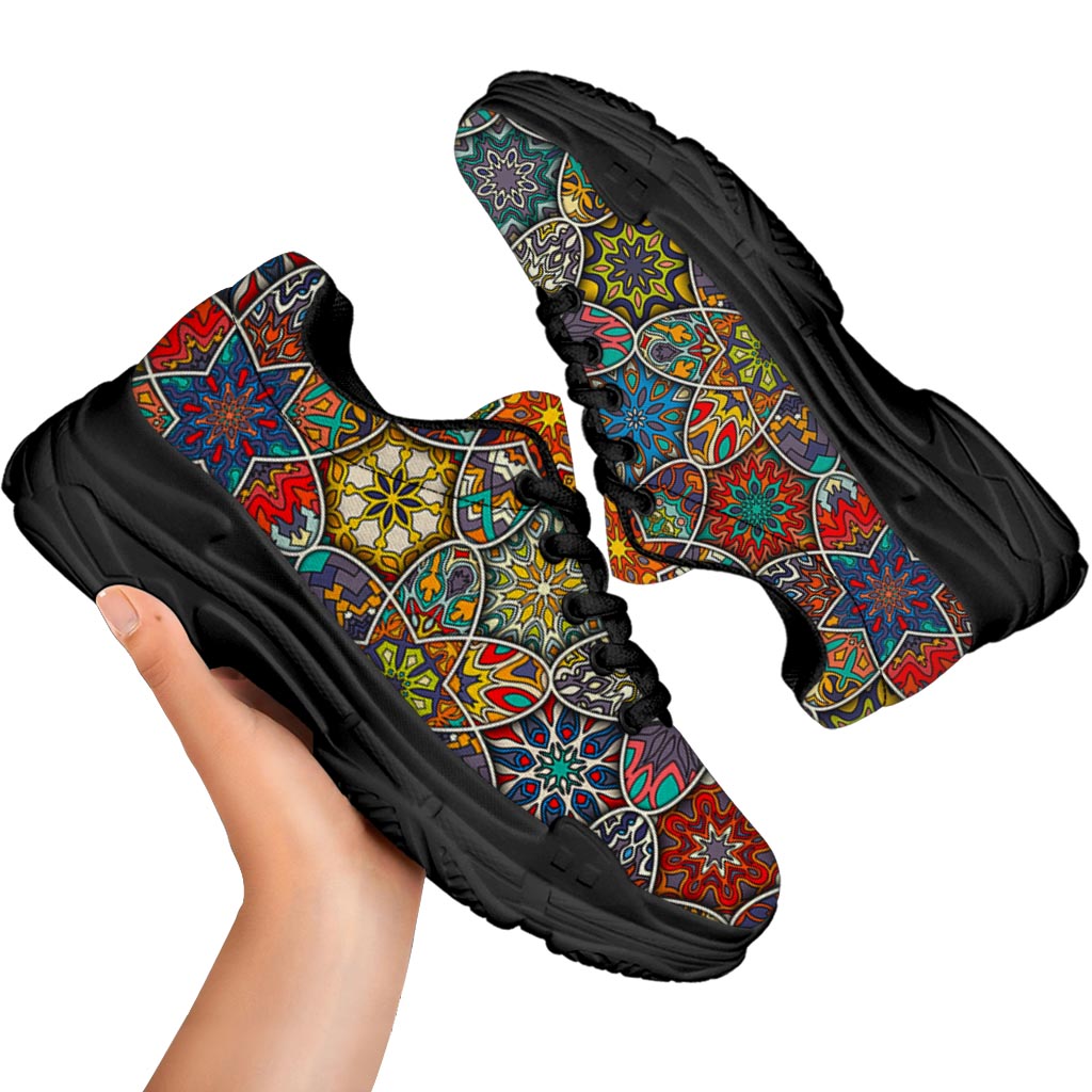 Mandala Star Bohemian Pattern Print Black Chunky Shoes