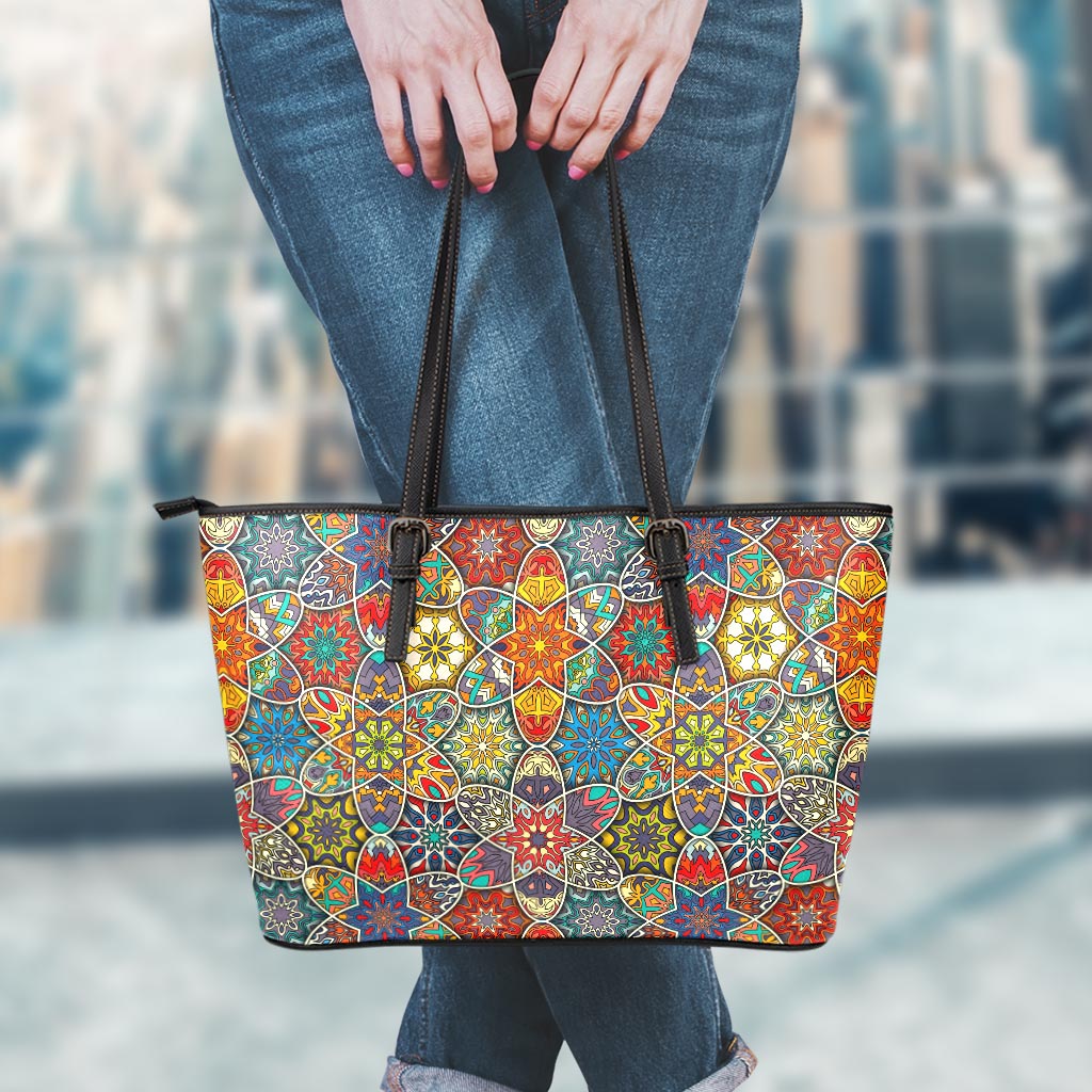 Mandala Star Bohemian Pattern Print Leather Tote Bag
