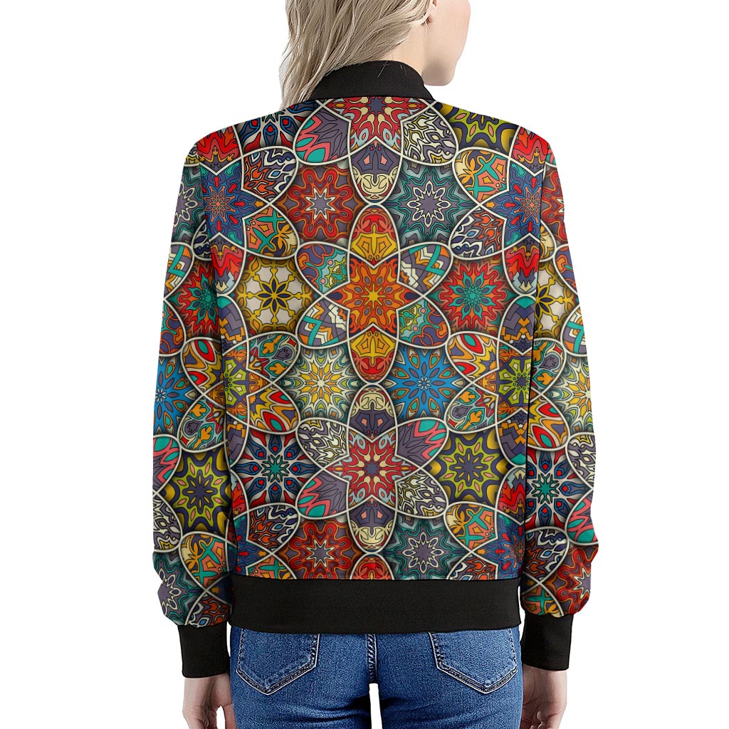 Mandala Star Bohemian Pattern Print Women's Bomber Jacket