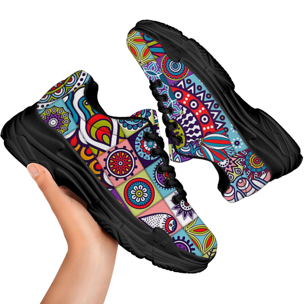 Mandala Tile Bohemian Pattern Print Black Chunky Shoes