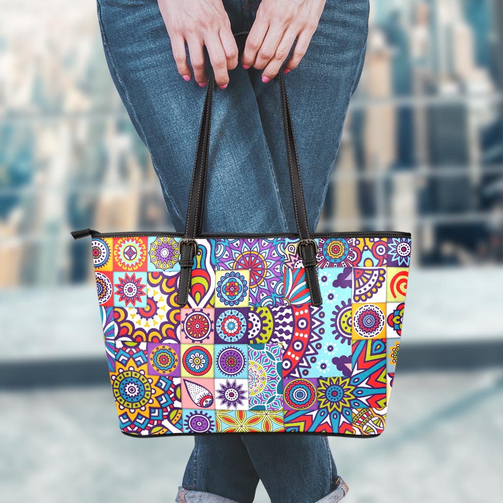 Mandala Tile Bohemian Pattern Print Leather Tote Bag