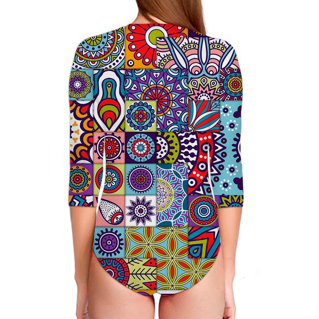 Mandala Tile Bohemian Pattern Print Long Sleeve Swimsuit
