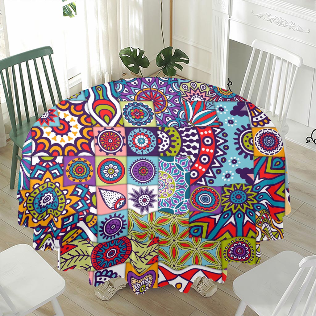 Mandala Tile Bohemian Pattern Print Waterproof Round Tablecloth