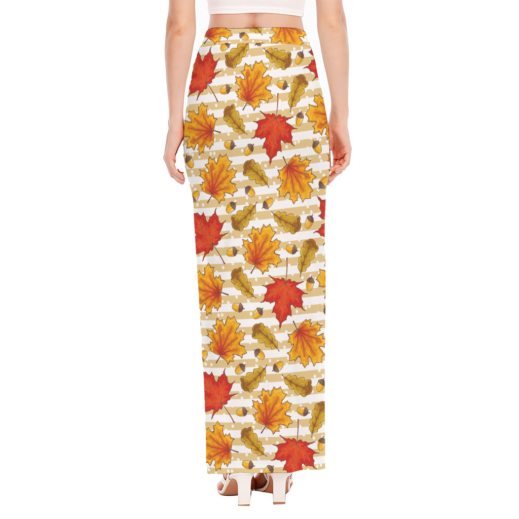 Maple And Oak Pattern Print High Slit Maxi Skirt