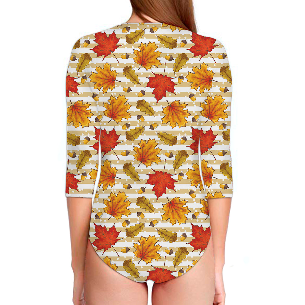 Maple And Oak Pattern Print Long Sleeve Swimsuit