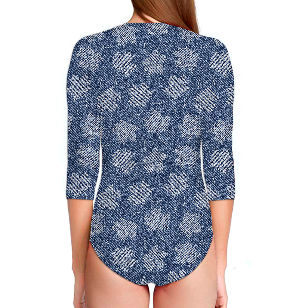 Maple Leaf Denim Jeans Pattern Print Long Sleeve Swimsuit