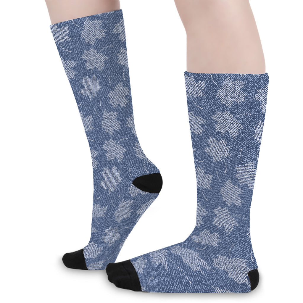Maple Leaf Denim Jeans Pattern Print Long Socks