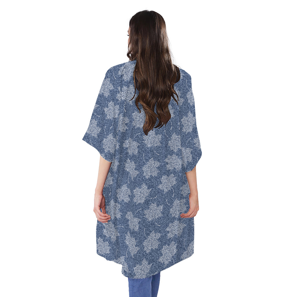 Maple Leaf Denim Jeans Pattern Print Open Front Beach Cover Up