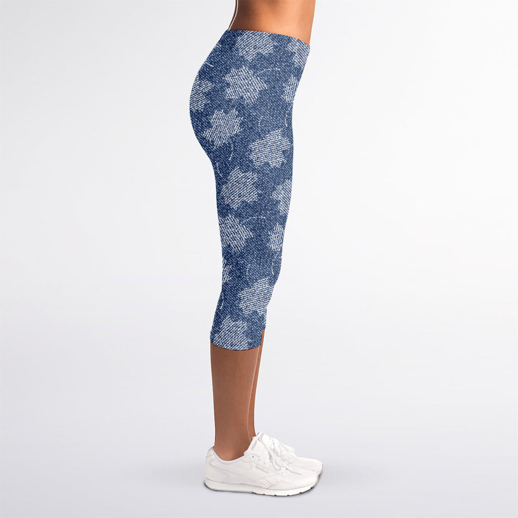 Maple Leaf Denim Jeans Pattern Print Women's Capri Leggings