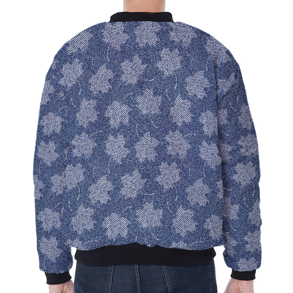 Maple Leaf Denim Jeans Pattern Print Zip Sleeve Bomber Jacket