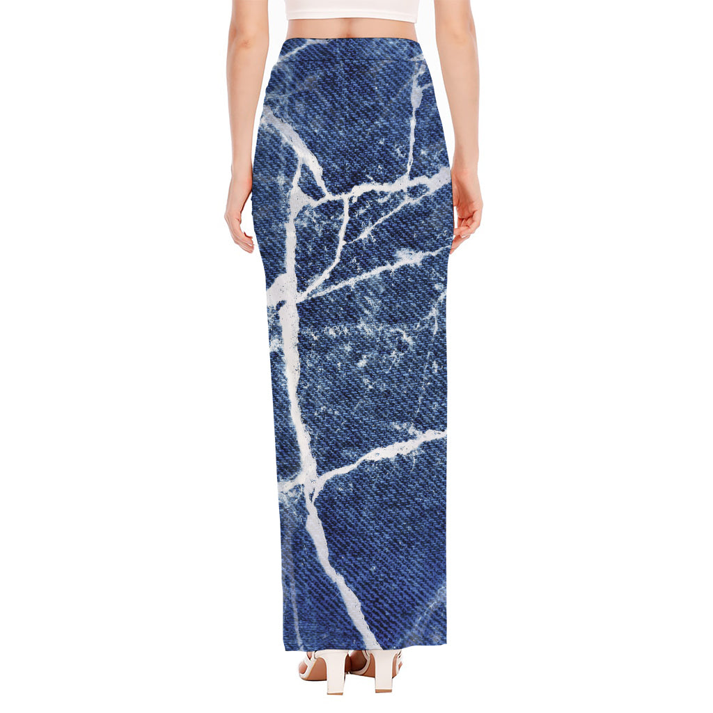 Marble Denim Jeans Pattern Print High Slit Maxi Skirt