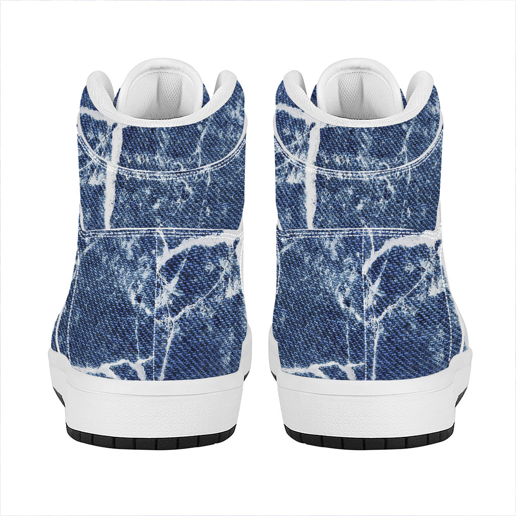 Marble Denim Jeans Pattern Print High Top Leather Sneakers
