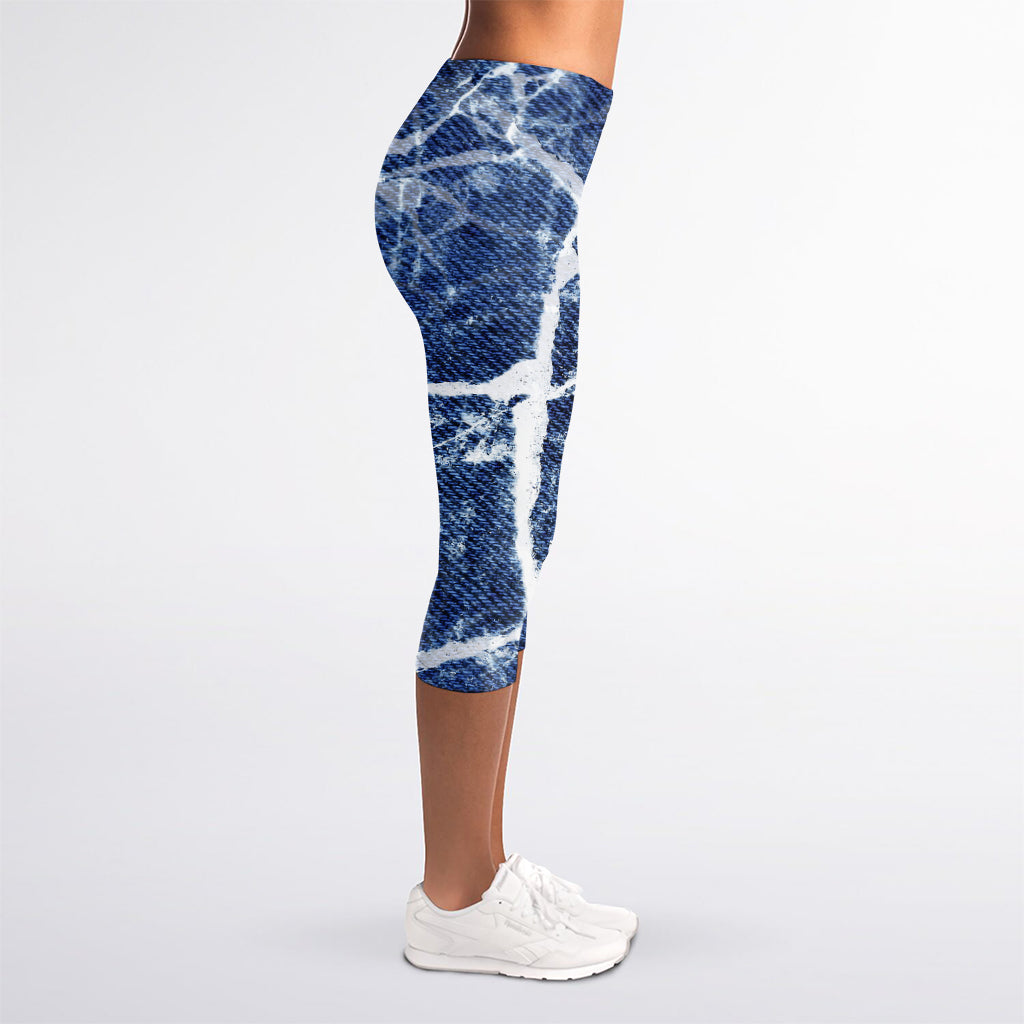 Marble Denim Jeans Pattern Print Women's Capri Leggings