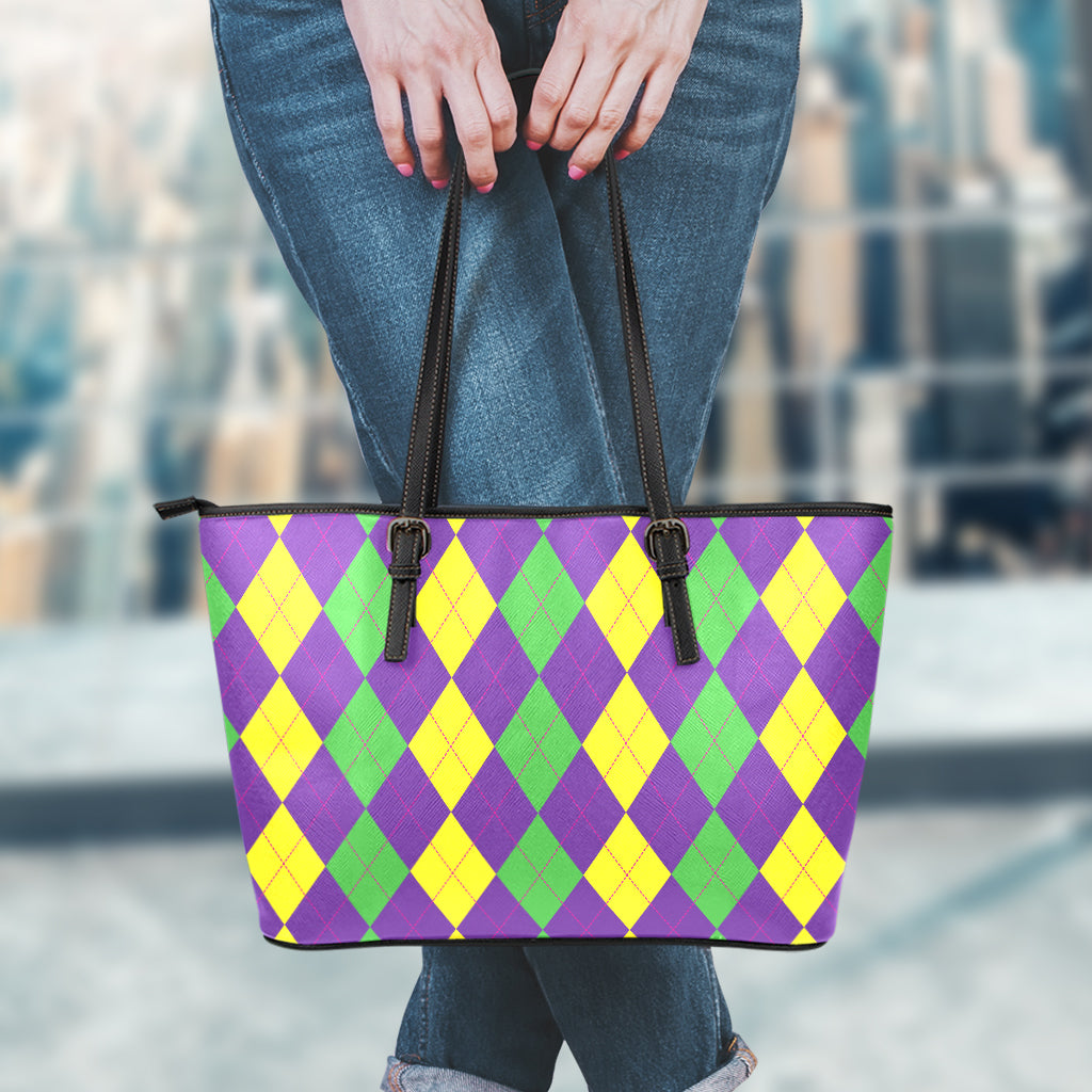 Mardi Gras Argyle Pattern Print Leather Tote Bag