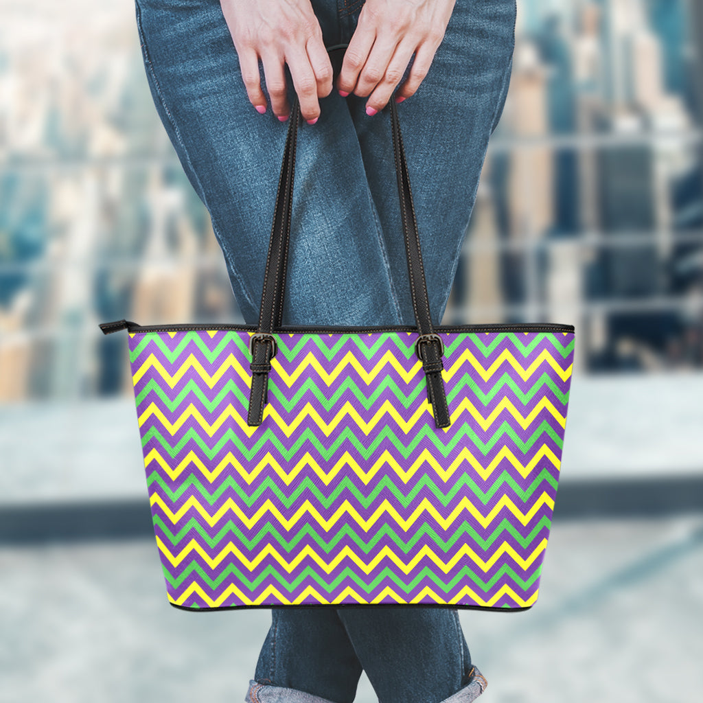 Mardi Gras Chevron Pattern Print Leather Tote Bag