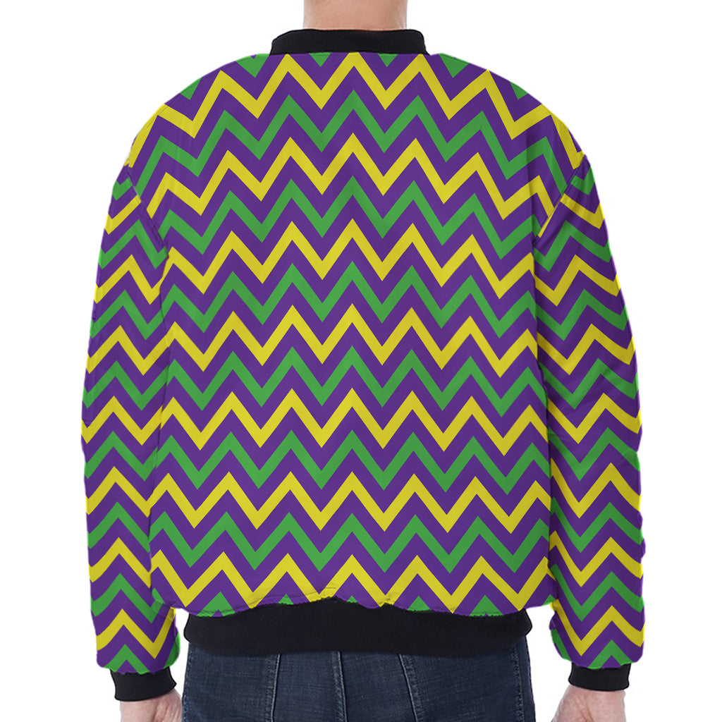 Mardi Gras Chevron Pattern Print Zip Sleeve Bomber Jacket