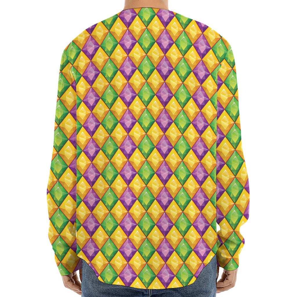 Mardi Gras Diamond Pattern Print Long Sleeve Baseball Jersey