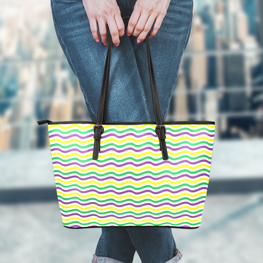 Mardi Gras Wave Pattern Print Leather Tote Bag